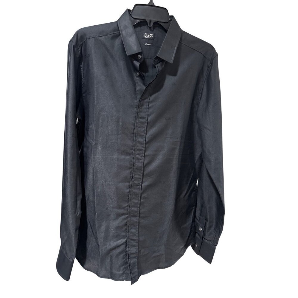 Dolce & Gabbana Slim Fit EU 48 Med Logo Dress Shirt Black Long Sleeve MSRP 495